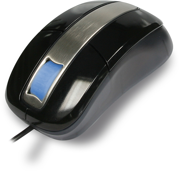 Schwarze optische Maus mit silbernem Scrollrad und blau beleuchtetem Scrollrad, Kabelverbindung