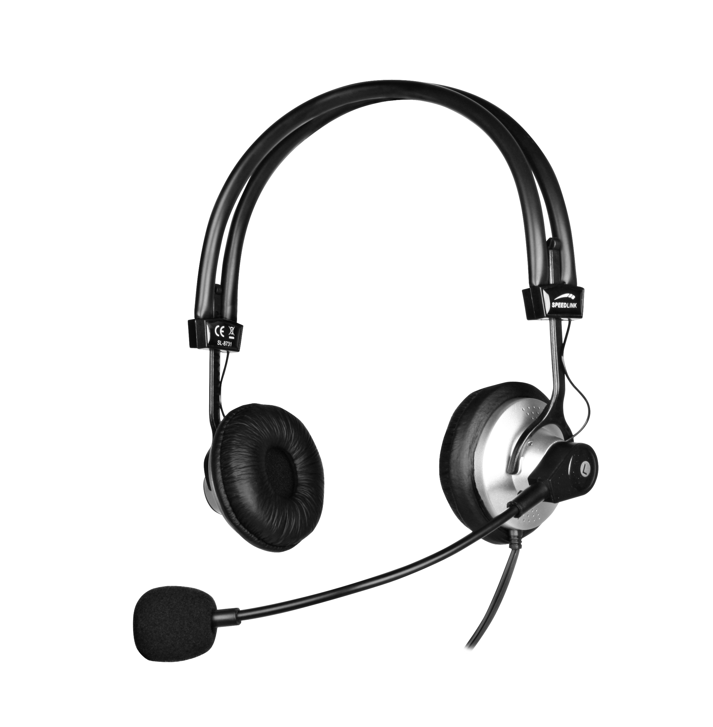 Kabelgebundenes Speedlink Headset mit Mikrofon, gepolsterten Ohrmuscheln und verstellbarem Kopfbügel in Schwarz-Silber für PC oder Telefonie
