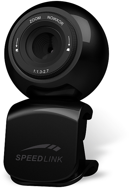 Schwarze SPEEDLINK Webcam mit Clip zur einfachen Befestigung am Monitor und verstellbarem Objektiv