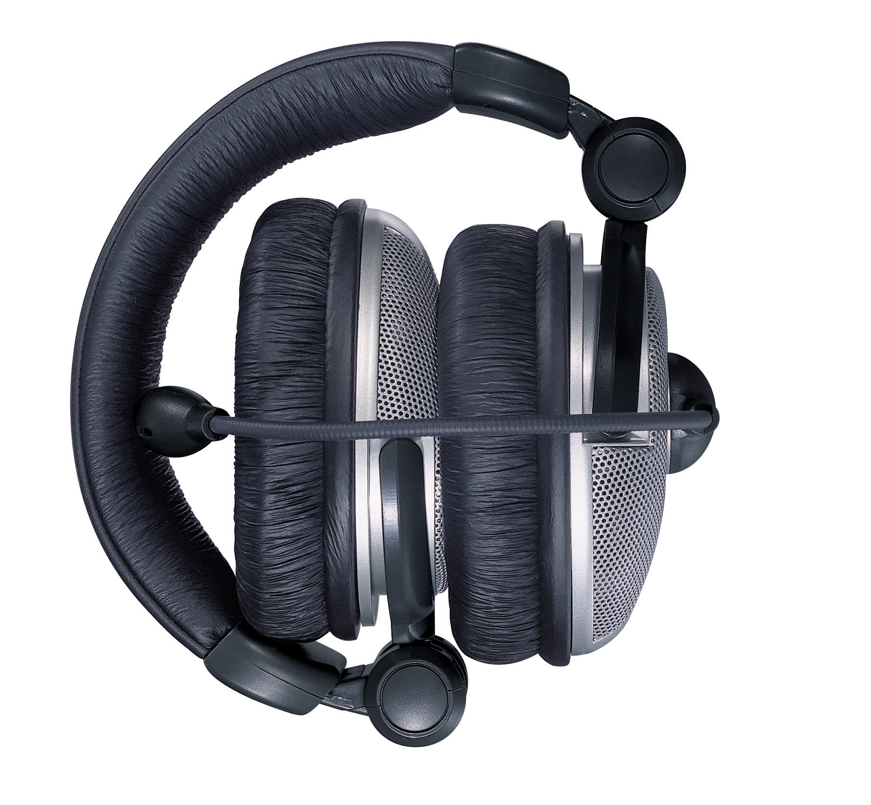 Zusammengeklappter schwarzer Studio-Kopfhörer mit gepolsterten Ohrmuscheln und robustem Bügel