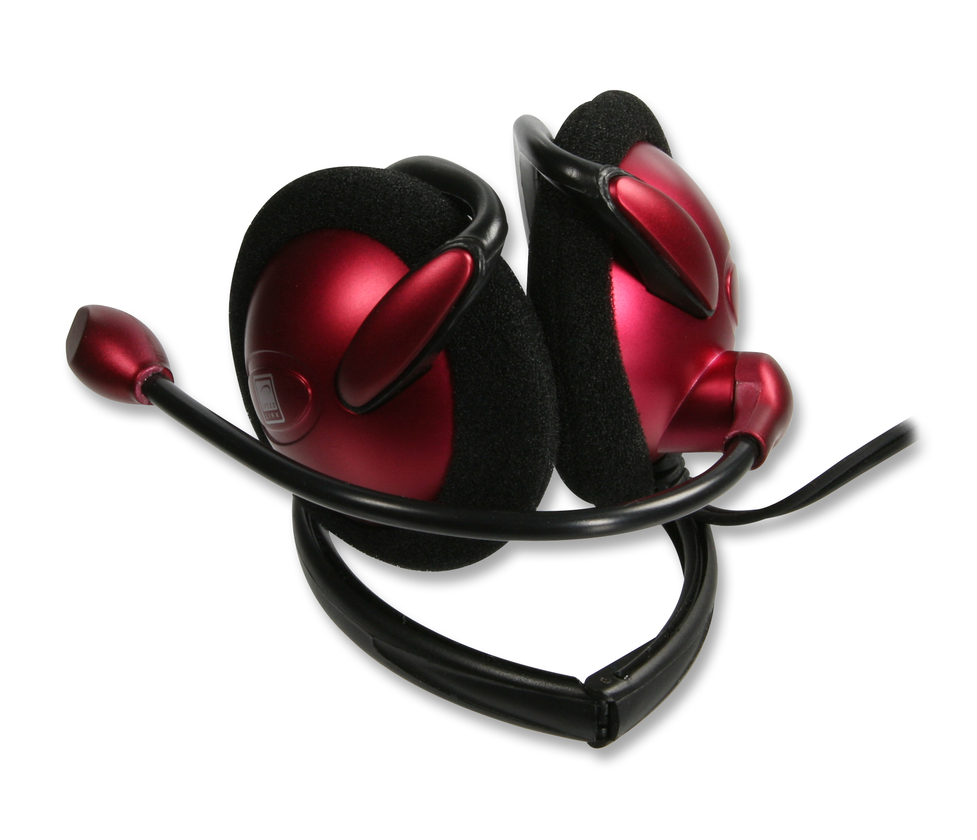 Abbildung eines roten Headsets mit Mikrofon und schwarzen Ohrpolstern, geeignet für Computer und Kommunikation