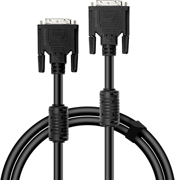 Schwarzes DVI-Kabel mit zwei Steckern und Feritkern, geeignet zur Verbindung von Monitor und Grafikkarte