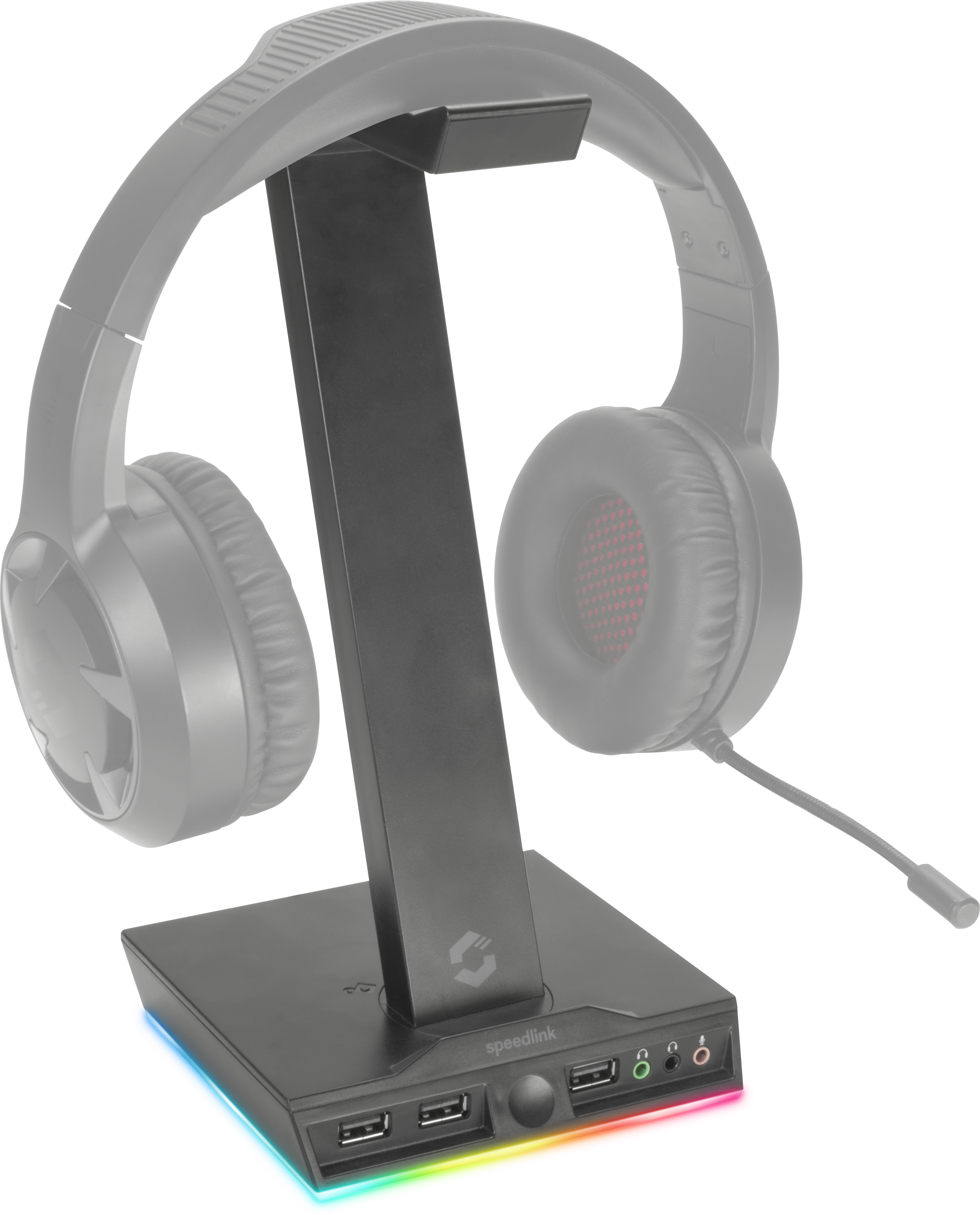 EXCELLO Beleuchteter Headset Stand, 3-Port USB 2.0 Hub, integrierte Soundkarte, schwarz