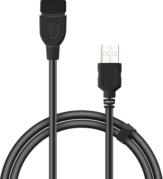Ein schwarzes USB-Verlängerungskabel mit USB-A-Stecker und USB-A-Buchse, geeignet für Computer und andere Geräte