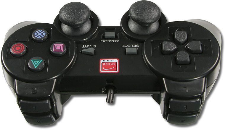 Schwarzer Gamecontroller mit klassischen PlayStation-Tasten, zwei Analogsticks, Steuerkreuz und Schultertasten