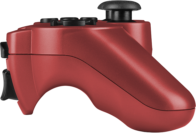 Roter PlayStation-Controller mit ergonomischem Design und Tasten aus der Seitenperspektive
