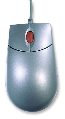 Silberne kabelgebundene Computermaus mit rotem Scrollrad, Ansicht von oben