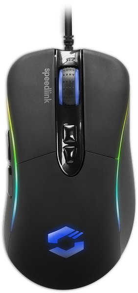 Schwarze Speedlink Gaming-Maus mit beleuchtetem Logo und seitlicher LED-Beleuchtung, ergonomische Form und mehreren Tasten