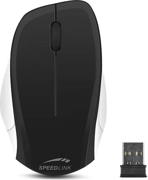 Abbildung einer schwarzen Speedlink Funkmaus mit weißer Seite und zugehörigem USB-Empfänger