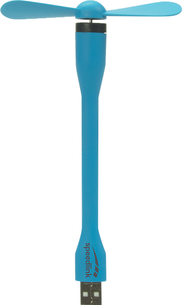 Blauer USB-Ventilator von Speedlink mit flexiblen Rotorblättern, ideal für unterwegs und die Nutzung am Computer
