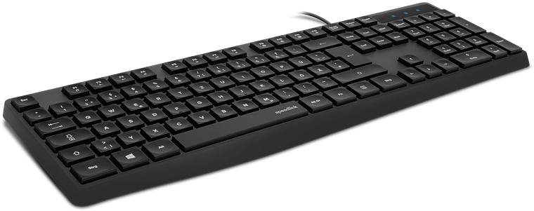 Abbildung einer schwarzen kabelgebundenen Tastatur mit deutschem QWERTZ-Layout für Computer