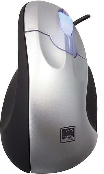 Seitliche Ansicht einer silber-schwarzen Speedlink Computermaus mit ergonomischem Design und beleuchtetem Scrollrad