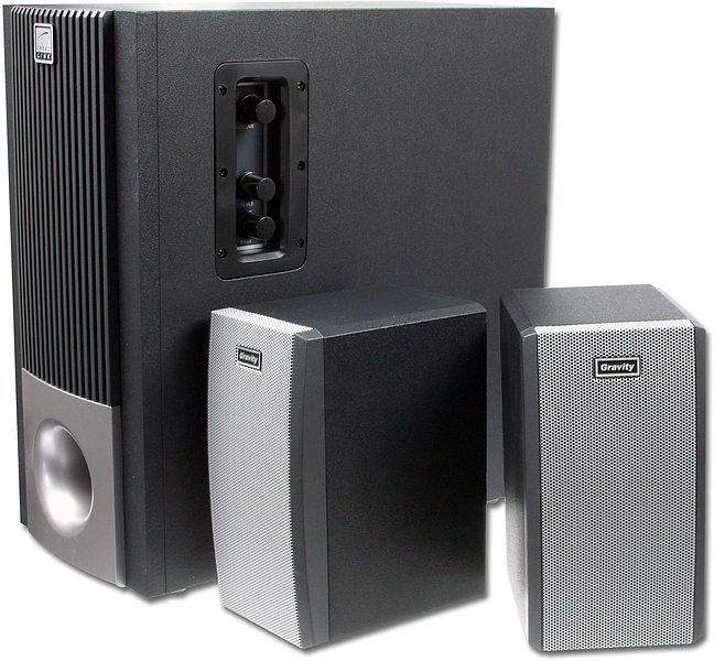 Gravity 2.1 Lautsprechersystem bestehend aus Subwoofer und zwei Satellitenlautsprechern in modernem Design