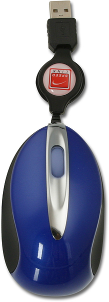 Blaue und schwarze optische USB-Maus mit ausziehbarem Kabel, geeignet für Computer und Laptops