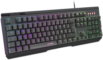 Abgebildet ist eine Speedlink IZERIS Gaming-Tastatur mit mehrfarbiger RGB-Beleuchtung und vollständigem Tastenlayout.
