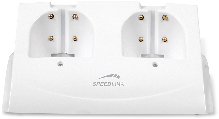 Weiße Speedlink Dual Ladestation zum gleichzeitigen Laden von zwei PlayStation-Controllern, Vorderansicht