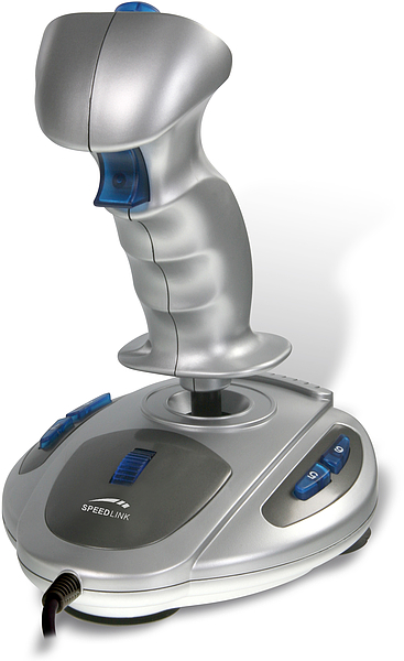 Silberner Speedlink Joystick mit blauen Tasten und ergonomischem Griff, geeignet für PC-Gaming