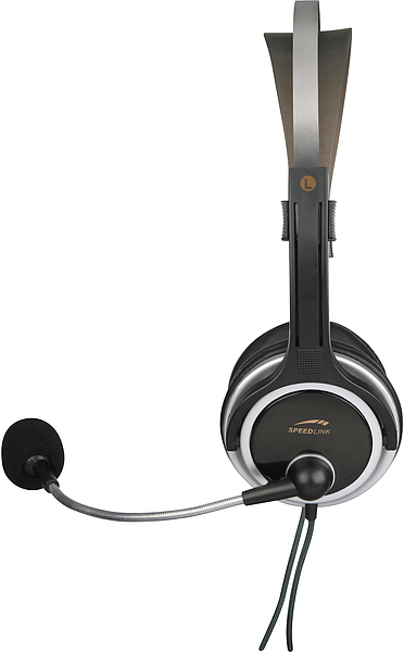 Schwarzes SPEEDLINK Stereo-Headset mit flexiblem Mikrofonarm und gepolstertem Kopfbügel, ideal für Sprachkommunikation und Gaming