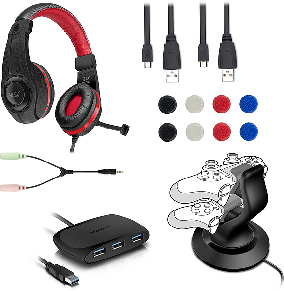 Abgebildet ist ein Set aus Gaming Zubehör bestehend aus einem schwarz-roten Headset, einem USB-Hub, drei USB-Kabeln, einem Y-Adapter, einer Ladestation für zwei Controller und mehreren farbigen Joystick-Aufsätzen.