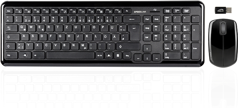 Abgebildet ist ein schwarzes kabelloses Tastatur- und Maus-Set von SPEEDLINK mit passendem USB-Empfänger.