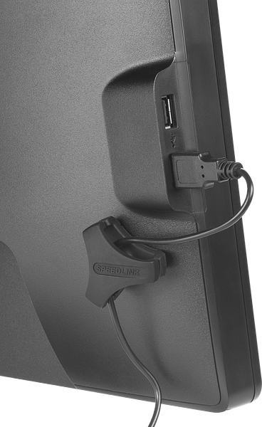 Seitenansicht eines Monitors mit sichtbarem USB-Anschluss, an dem ein SPEEDLINK-Gerät per Kabel verbunden ist.