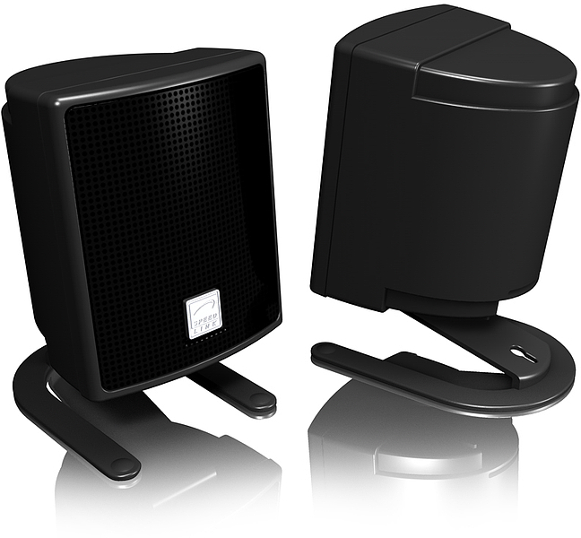 Zwei schwarze Computerlautsprecher mit stabilem Standfuß, geeignet für PC oder Laptop, modernes Design