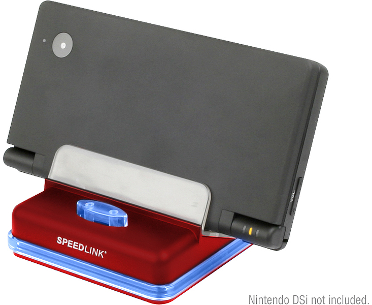 Rote und blaue SPEEDLINK Ladestation mit eingesetztem schwarzen Nintendo DSi, Konsole nicht im Lieferumfang enthalten