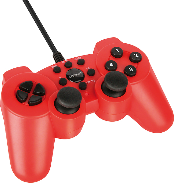 Roter kabelgebundener Gamecontroller mit mehreren Tasten und zwei Joysticks, geeignet für PC und Videospiele
