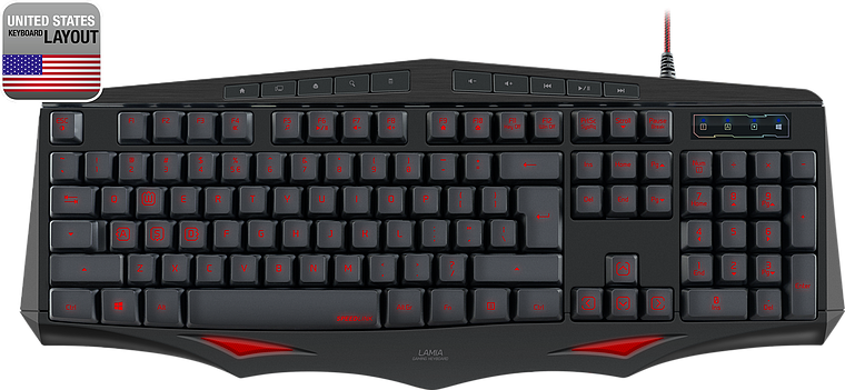 Schwarze Gaming-Tastatur mit US-Layout und rot beleuchteten Tasten, geeignet für Computerspiele und Büroanwender