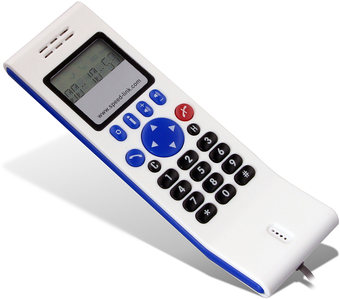 USB-Telefon von Speedlink in Weiß-Blau mit LCD-Anzeige und großen, leicht bedienbaren Tasten