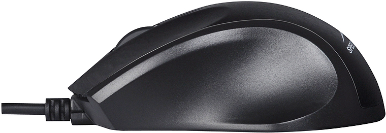 Seitenansicht einer schwarzen kabelgebundenen Computermaus mit ergonomischer Form