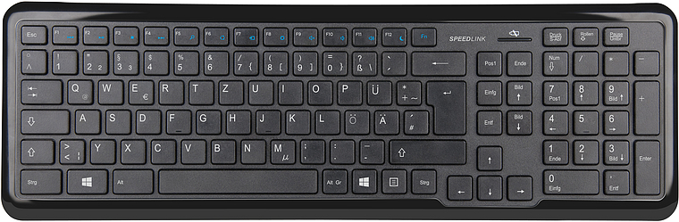 Computer-Tastatur in Schwarz mit deutschem QWERTZ-Layout, Nummernblock und flachen Tasten