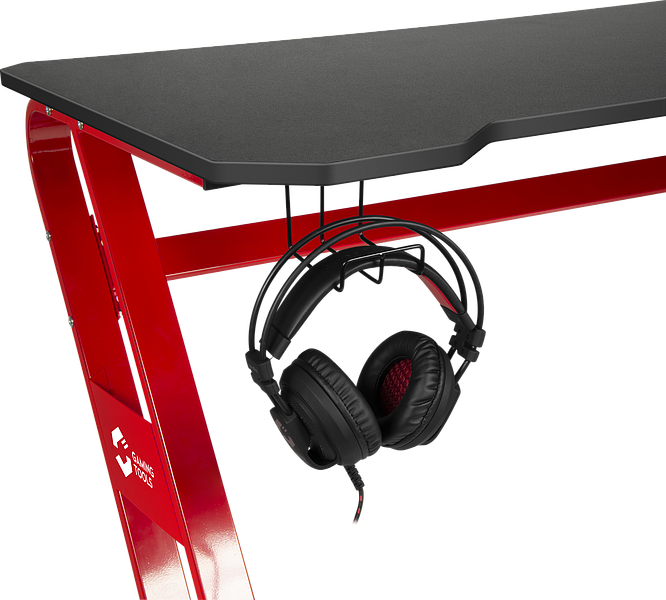 Detailansicht eines schwarzen Gaming-Tisches mit rotem Gestell, an dem ein schwarzes Gaming-Headset an einer Halterung hängt