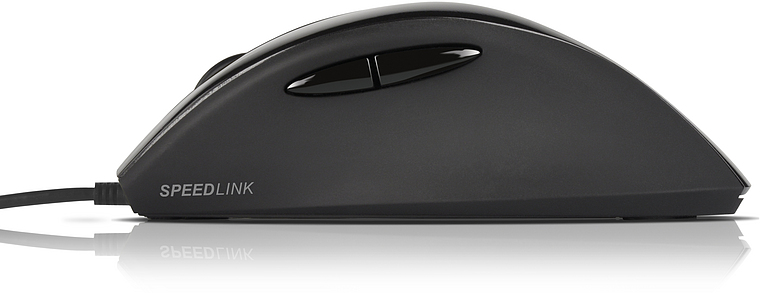 Seitenansicht einer schwarzen Speedlink Maus mit ergonomischem Design und zwei Seitentasten