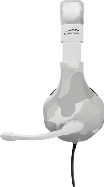 Weißes Speedlink Gaming-Headset mit Camouflage-Muster und Mikrofonarm, seitliche Ansicht