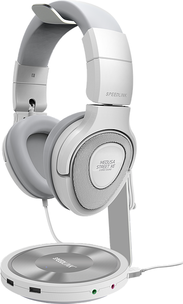 Weißes Speedlink Medusa Street XE Gaming-Headset auf passendem Ständer mit Anschlussstation, seitliche Ansicht