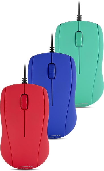 Drei kabelgebundene Computermäuse in Rot, Blau und Türkis nebeneinander auf weißem Hintergrund