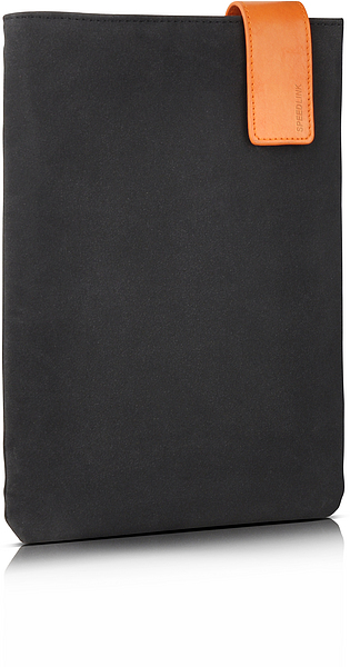 Elegante schwarze Tablet-Hülle mit orangefarbener Verschlusslasche für sicheren Transport