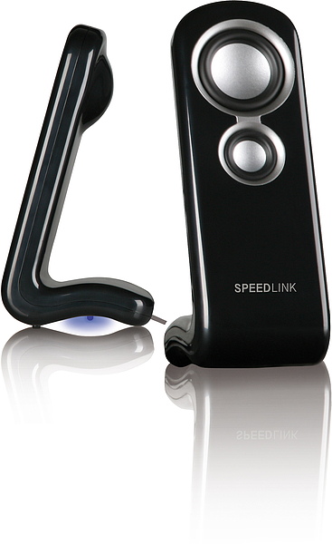 Zwei SPEEDLINK PC-Lautsprecher in Schwarz mit glänzender Oberfläche und silberfarbenen Lautsprecherringen, stehend nebeneinander auf weißem Untergrund