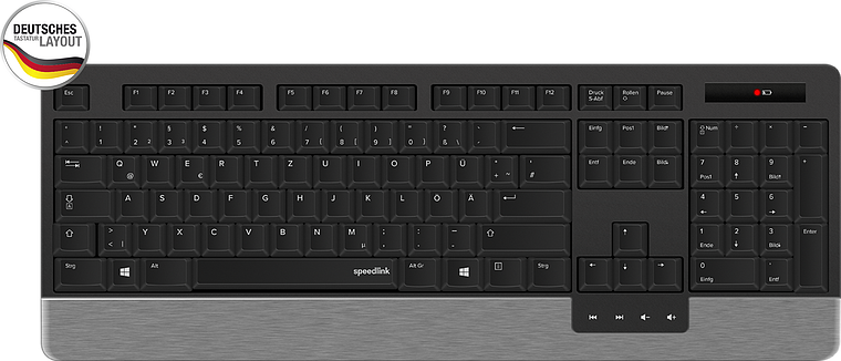 Schwarze Speedlink PC-Tastatur mit deutschem QWERTZ-Tastenlayout und silberner Handballenauflage