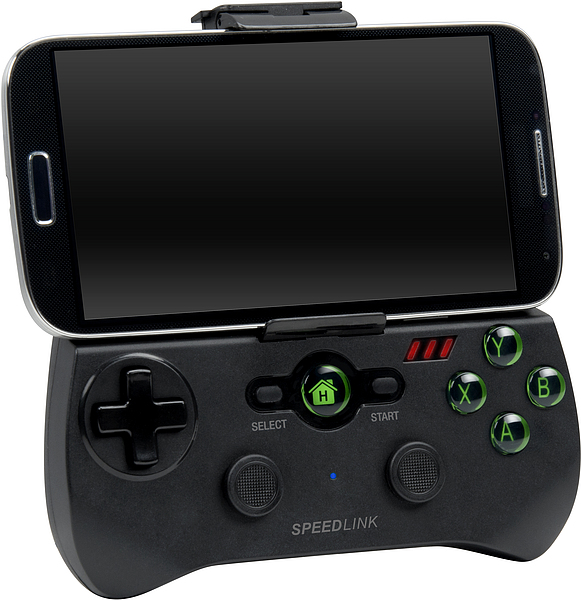 Schwarzer Bluetooth-Gamecontroller von SPEEDLINK mit montiertem Smartphone, geeignet für mobiles Gaming