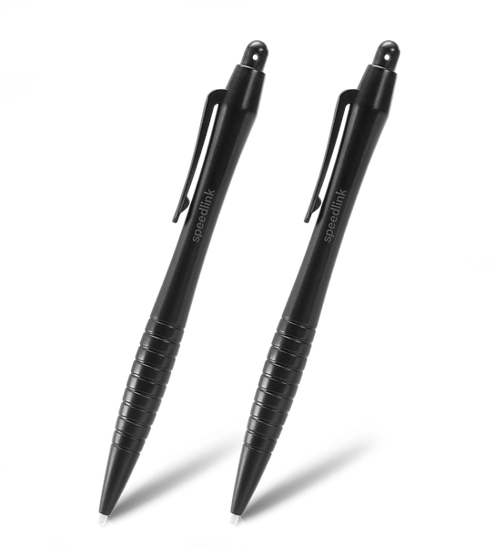 Abbildung von zwei schwarzen Speedlink Kugelschreibern mit Clip, seitliche Ansicht