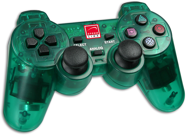 Transparenter grüner Speedlink Controller mit Dual-Analogsticks, Richtungstasten und Aktionsknöpfen für Gaming