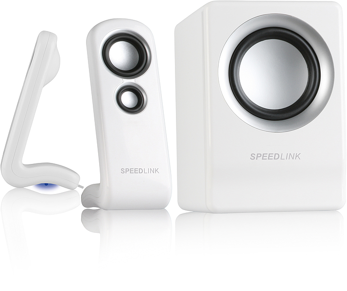 Weißes SPEEDLINK 2.1 Lautsprecherset mit Subwoofer und zwei kompakten Satellitenlautsprechern