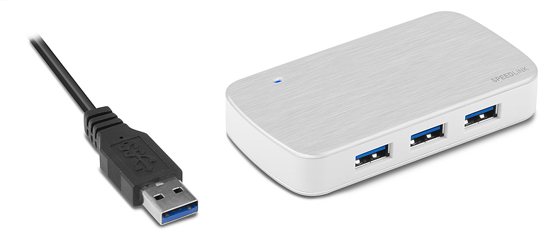 Abgebildet ist ein silberner USB 3.0 Hub von Speedlink mit vier USB-Anschlüssen und einem separaten USB-Kabel