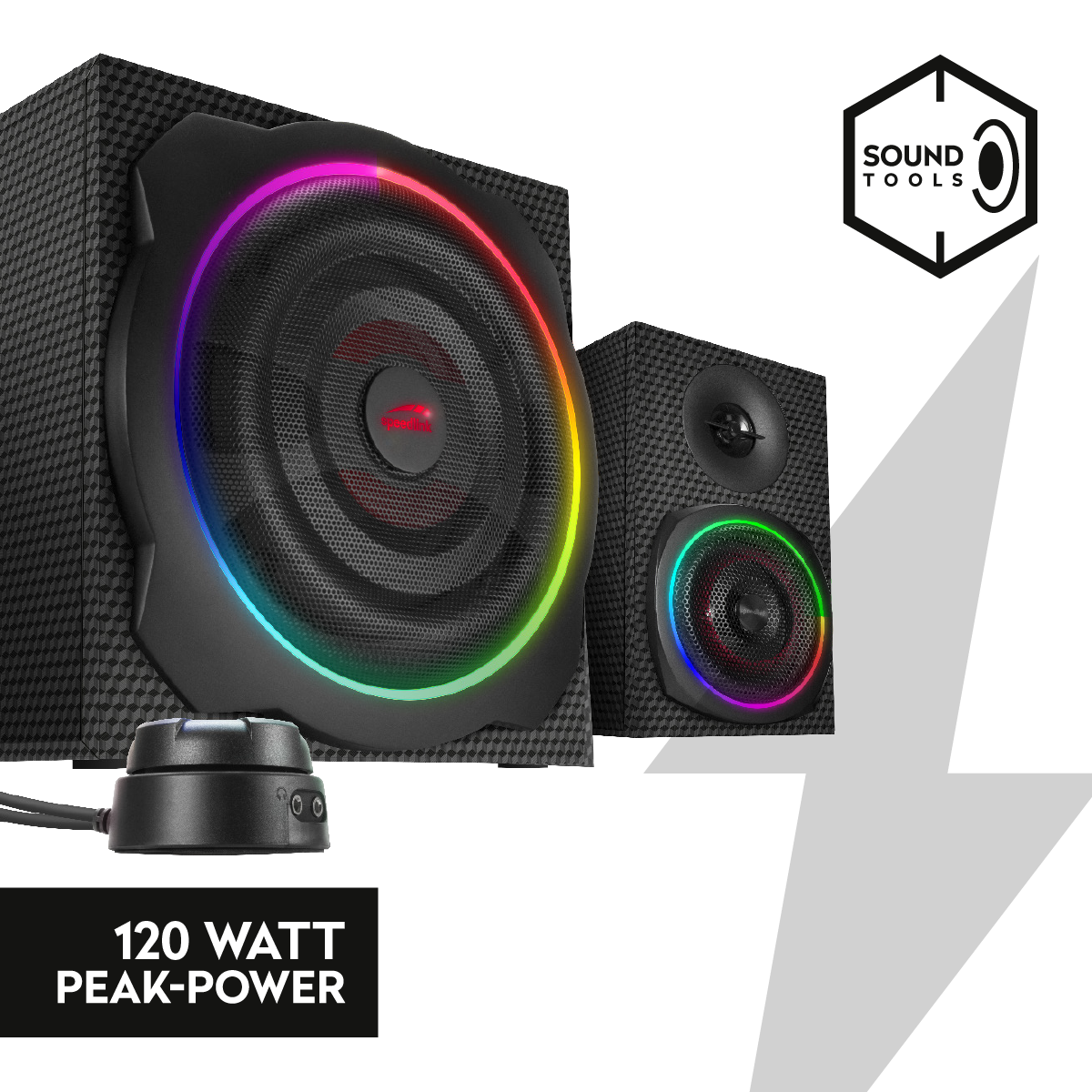 Schwarzes Lautsprecher-Set mit bunter RGB-Beleuchtung, 120 Watt Peak-Leistung und Kabelsteuerung, ideal für Gaming und Musik