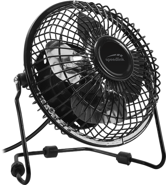 Kleiner schwarzer USB-Tischventilator aus Metall mit Standfuß, geeignet zur Abkühlung am Schreibtisch