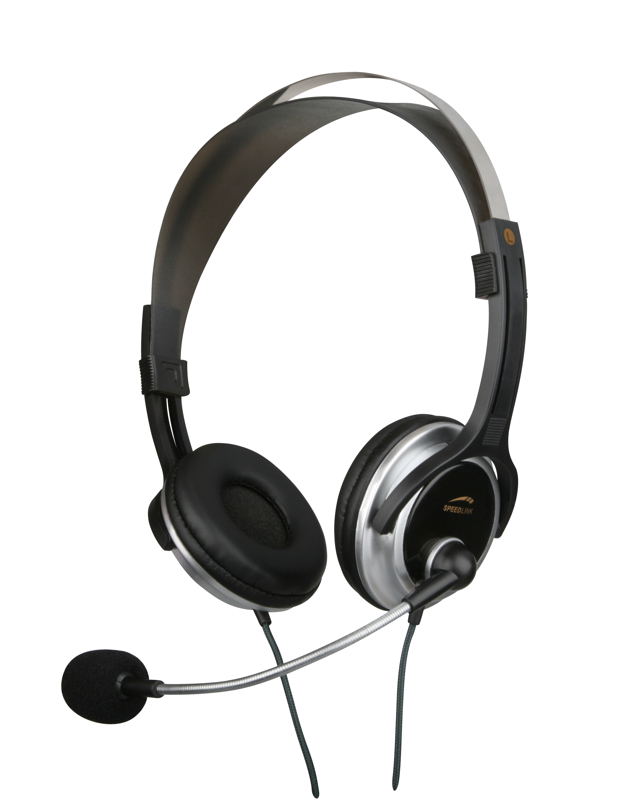 Schwarzes Headset mit gepolsterten Ohrmuscheln, Mikrofon und Kabel, geeignet für Computer und Kommunikation