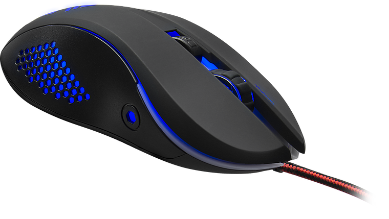 Seitliche Ansicht einer schwarzen kabelgebundenen Gaming-Maus mit blauer LED-Beleuchtung und rutschfestem Design