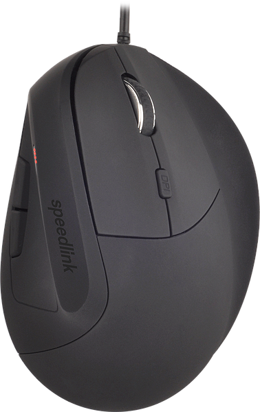 Schwarze ergonomische Vertikalmaus von Speedlink mit Kabel und seitlichen Tasten für eine gesunde Handhaltung